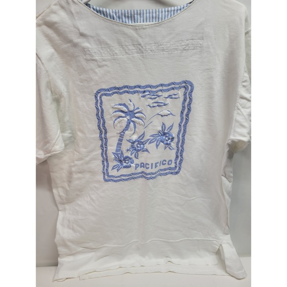 Chaus Sport White Embroidered Palm Tree Pacifico Cotton T-Shirt Women's Size S - Picture 9 of 10